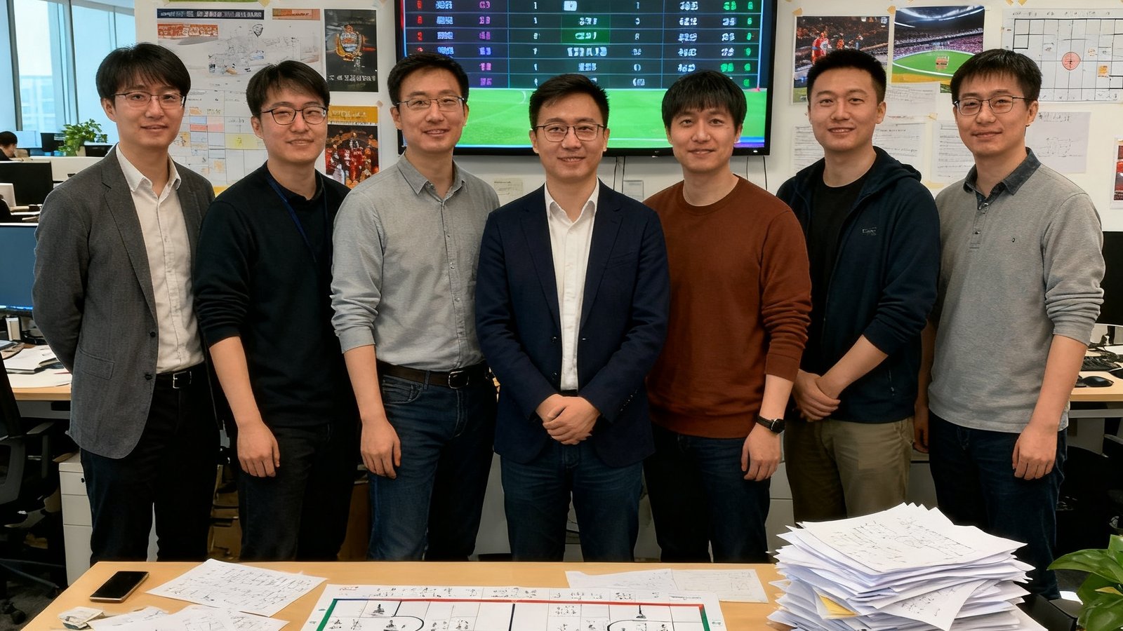 人人体育创始团队在北京望京科技园办公室的合影，7位创始人站在贴满赛事海报的办公区，墙上屏幕显示实时比分数据，办公桌上堆满战术分析笔记，展现创业初期的真实工作场景